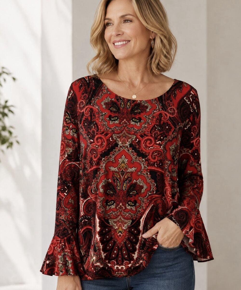 Chicos Red Paisley Velvet Long Sleeve Bell Sleeve Tie Back Top Size 3, XL